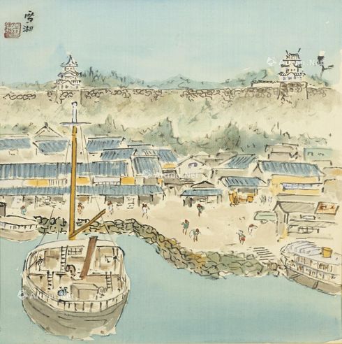 郭雪湖  约一九三〇年代作 护城河畔 彩墨丝绸 裱于纸本