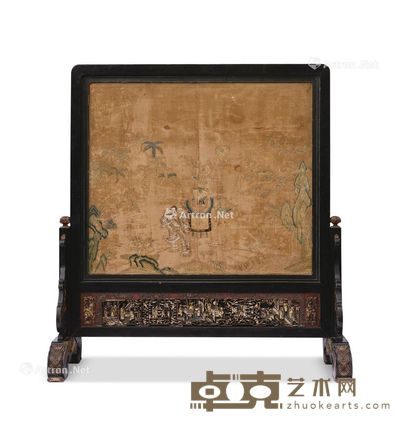 清代 刺绣太平有象纹 大漆描金枝山款诗文插屏 宽113cm；高121cm