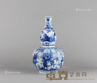 明崇祯 青花山水人物纹葫芦瓶 高34cm