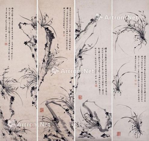 孙思敬 幽兰芳远 四屏 水墨纸本