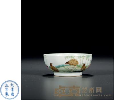 清·大清雍正年制款鹌鹑竹石小碗 高：4cm 口径：9.8cm