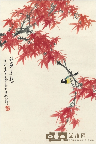 乔木 红叶栖禽图 67.5×45cm