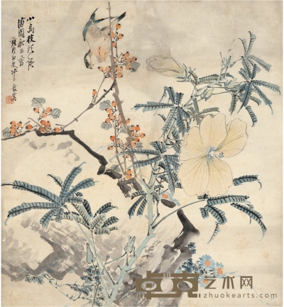 沙 馥 秋园小鸟图 65×59.5cm