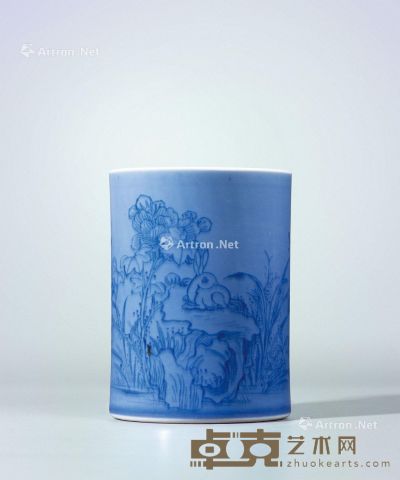 清康熙 蓝釉青花花卉纹笔筒 高12.7cm