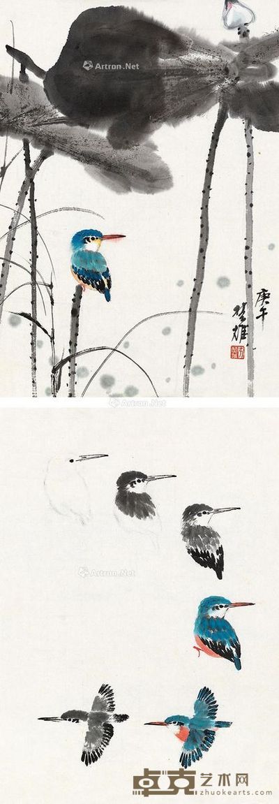 方楚雄 荷塘翠鸟 32×44cm×2