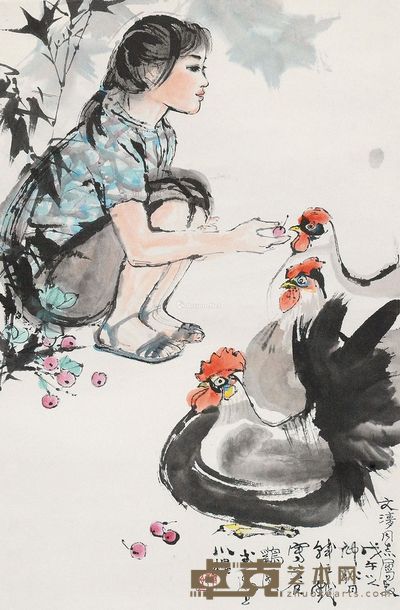 韩伍 养鸡图 49×46cm