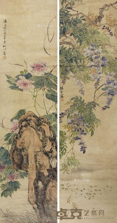 竹坪 花鸟 130×33cm×2
