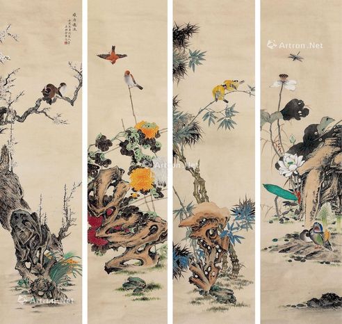 金章 花鸟四屏