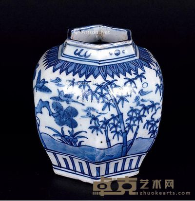 明 青花六方三友图缶 高14cm