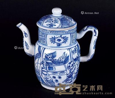 明万历 青花线描望子成龙带盖酒注 高18.5cm