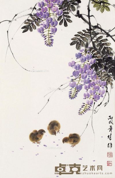 方楚雄 紫藤小鸡 68×44cm