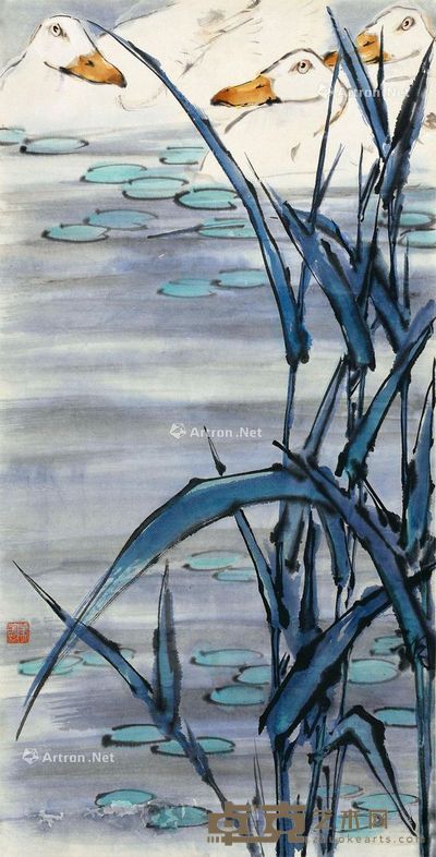 萧朗 芦苇白鸭 65.5×34cm