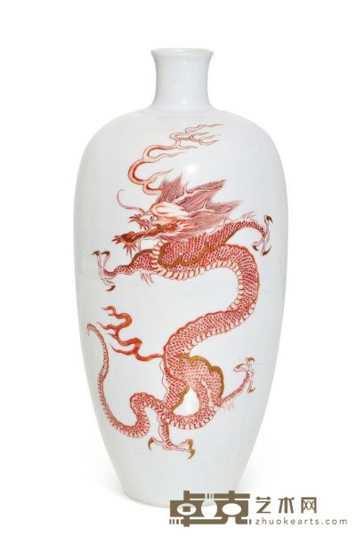 清康熙 矾红描金龙纹瓶 高23.7cm