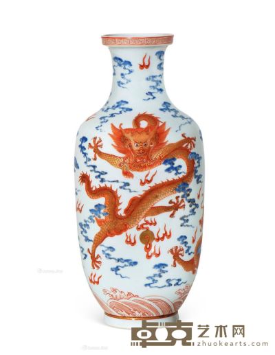 清光绪 蓝料矾红描金龙纹瓶 高23.5cm
