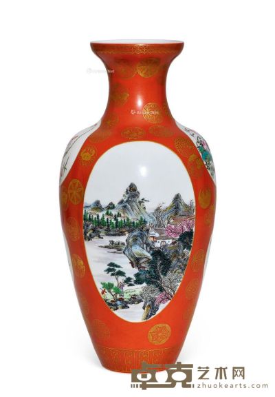 民国 珊瑚红开光粉彩山水瓶 高32.3cm