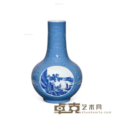 清 天蓝釉开光青花山水人物天球瓶 高43.8cm