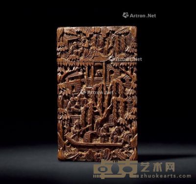 民国 檀香人物刻纹名片盒 9.8×5.7×1.1cm