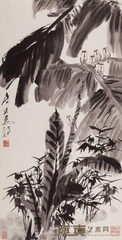 唐云 蕉叶鸟啼 111×57.5cm
