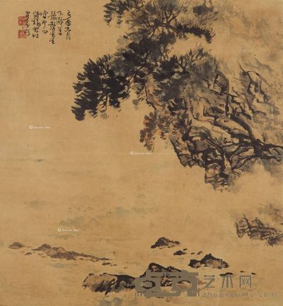 傅狷夫 崖树凭河 57.5×53.5cm