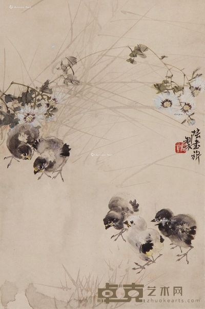 张书旂 菊花鸽鸡图 45×30.5cm