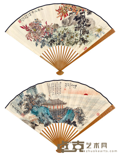 钱松嵒 秦古柳绘、张俟庵题 益寿延年 海天浴日 19×50.5 cm. 约0.87平尺