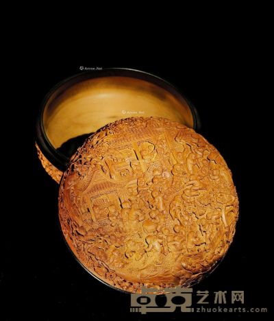 畲国平作?檀香木刻百子图香盒 高7.1cm；直径14.5cm