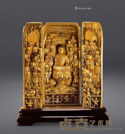 清 铜鎏金西方三圣佛龛 高22cm