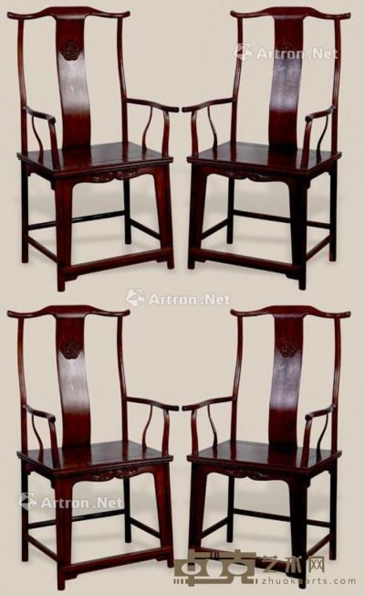 民国 红木雕夔龙出头官帽椅 （4件） 58×47×117cm