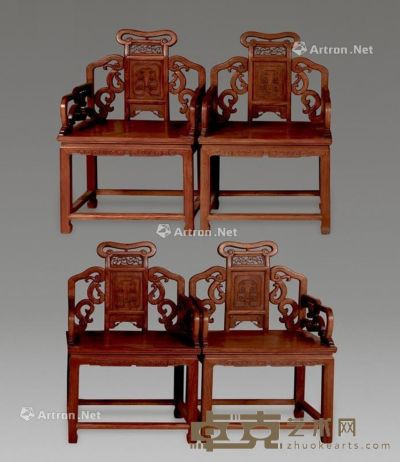 近代 黄花梨雕夔龙太师椅 （4件） 66×53×97cm