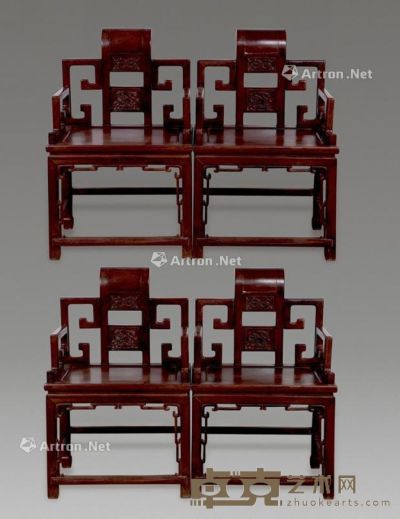 民国 红木雕草龙卷书椅 （4件） 60×45×92cm