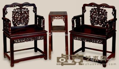 清 红木雕动物太师椅 （3件） 椅：62×48×99cm?几：42×31×79cm