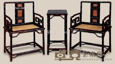 近代 紫檀嵌影木雕竹节玫瑰椅 （3件） 椅：60×48×92cm?几：47×35×75cm