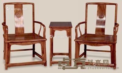 近代 黄花梨雕花卉官帽椅 （3件） 椅：67×49×105cm?几：48×38×69cm