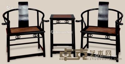 近代 紫檀席面嵌影木圈椅 （3件） 椅：66×51×102cm?几：45×76cm