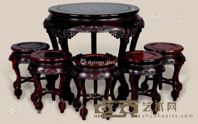 近代 红木雕灵芝圆桌 （6件） 桌：84×79cm?凳：34×47cm