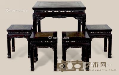 近代 紫檀嵌绿石西番莲方桌 （5件） 桌：76×82cm?凳：35×46cm
