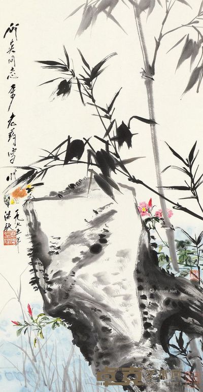 唐云 竹石小鸟 83×43cm