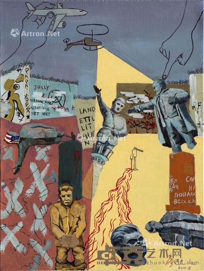 廖迅之 2014年作 被推倒的雕像 布面丙烯综合材料 80×60cm