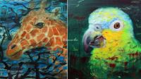 杨兴军 2014年作 肖像·长颈鹿 肖像·鹦鹉 布面油画