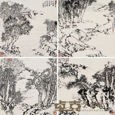 文蔚 山水 50×50cm×4