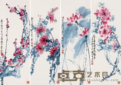 谈盛强 花卉 96×33cm×4