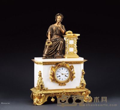 1860年左右作 白理石铜雕人物钟 高63cm；宽42cm