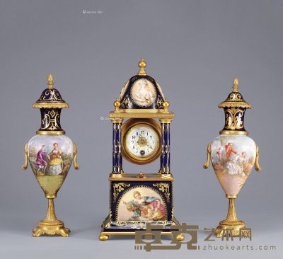 1880年左右作 画珐琅维也纳风格三件套钟 高36cm；宽17cm；瓶高33cm