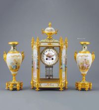 1880年左右作 珐琅六柱瓷片三件套钟