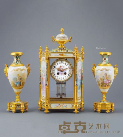 1880年左右作 珐琅六柱瓷片三件套钟 高46cm；宽25cm