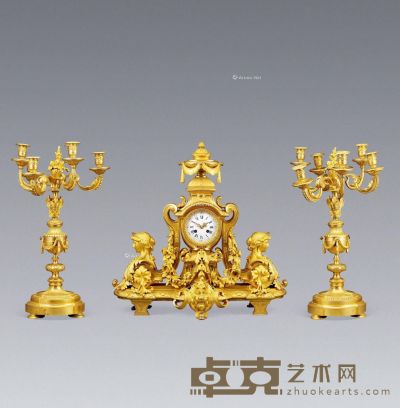 1880年左右作 铜鎏金三件套钟 高62cm；宽64cm；烛台高70cm