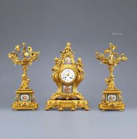 1880年左右作 铜鎏金瓷片三件套钟