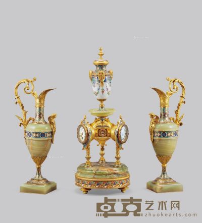 1890年左右作 玛瑙石三面盘三件套钟 高63cm；宽24cm