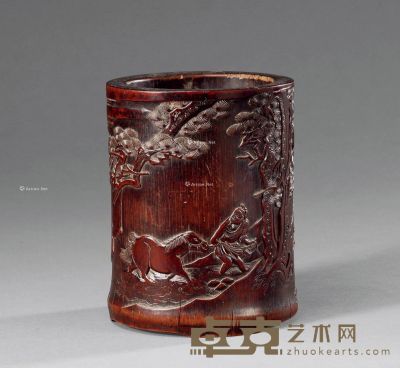 清中期 竹雕洗马图笔筒 高15.5cm