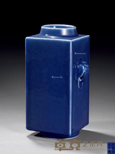 清光绪 霁蓝釉象耳方瓶 高30cm